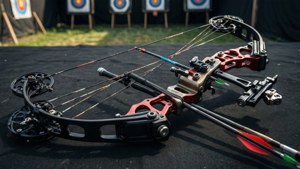 A detailed compound bow on a target range with sharp lighting.