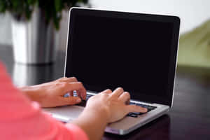 Person skriver på en silverfärgad bärbar dator vid ett träskrivbord med en krukväxt i närheten. — Rolig Laptop bakgrund Bakgrundsbilder