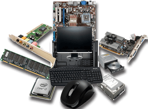 Collection of computer parts including motherboard CPU RAM and peripherals.