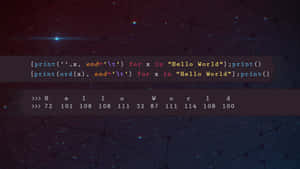 Python code printing 'Hello World' and its ASCII values on a starry digital background. — Programmer Wallpaper