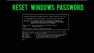 Grøn tekstterminal, der viser instruktioner til nulstilling af Windows-adgangskode på sort baggrund. — Hacker 3d Wallpapers