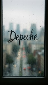 Finestra piovosa con 'Depeche' scritto nella condensa su una città sfocata