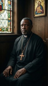 M.C. Gainey como padre em uma cena sombria de confessionário.