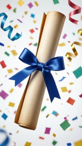 Floating graduation scroll with confetti celebration.