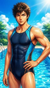 Shun Kazama in piedi a bordo piscina con postura sicura