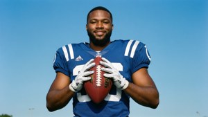 Michael Pittman Jr. posant avec assurance avec un ballon de football américain, portrait professionnel.