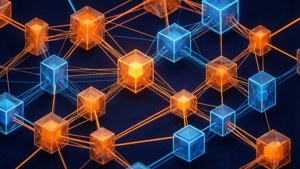 Abstract geometric network of nodes and connections in vibrant orange and blue.