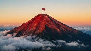 Pico de montaña rojo con una bandera en la cima, nubes debajo al amanecer