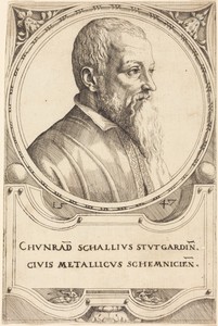 Conrad Schall by Augustin Hirschvogel, created 1547, in etching. Download this artwork as a high-resolution wallpaper for desktop, tablet, or mobile. — Augustin Hirschvogel Wallpaper