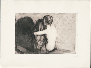 Consolation by Edvard Munch, created 1894, in Drypoint and open bite in black on cream wove paper. Download this artwork as a high-resolution wallpaper for desk — Illustration Background