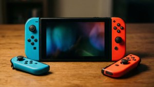 Un gros plan net de la console Nintendo Switch avec des Joy-Con vibrants.