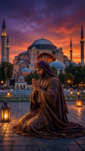 Pemandangan doa Orientalis yang tenang di Hagia Sophia saat senja yang semarak