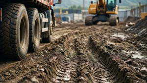 Deep truck tire tracks in muddy construction site. — Tire Track Picture