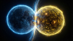 Um papel de parede cientificamente preciso de um sistema estelar binário de contato com transferência de massa.