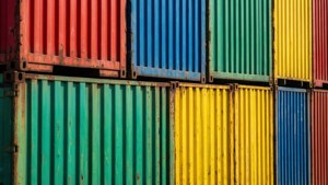 Een levendige close-up van gestapelde scheepscontainers, met nadruk op industriële texturen en kleuren.
