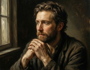 Kontemplativ sideportrett av Jan Ensing med mykt lys og Rembrandt-inspirerte penselstrøk.