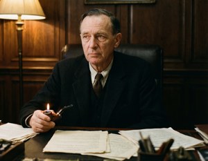 Oppenheimer plongé dans ses pensées à son bureau.