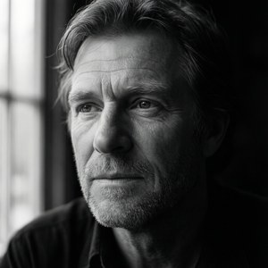 Potret close-up hitam putih yang moody dari Peter Lightfoot dengan kontras tinggi.
