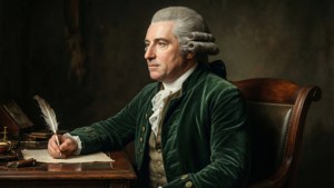 Lambert Krahe i grøn fløjl ved sit skrivebord, fanget i dramatisk lys og skygge.
