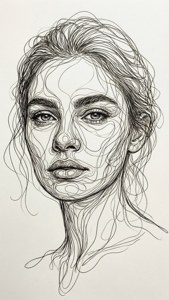 A woman's face drawn with intricate black lines on white paper. — Drawing Background