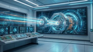 Pemandangan ruang kontrol futuristik dengan data akselerator partikel holografik