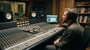 The Dells in einem Aufnahmestudio-Kontrollraum, die sich die Wiedergabe auf Vintage-Geräten anhören