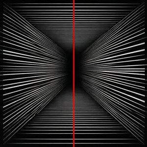 Linhas paralelas convergindo com uma única linha vertical vermelha, uma ilusão de ótica de profundidade e foco.