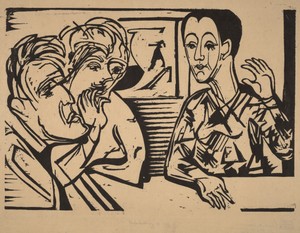 Conversation by Ernst Ludwig Kirchner, created 1929, in woodcut printed in black. Download this artwork as a high-resolution wallpaper for desktop, tablet, or m — Ernst Ludwig Kirchner Wallpaper