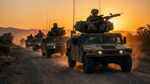 En militär Humvee-konvoj kör på en dammig väg vid solnedgång.