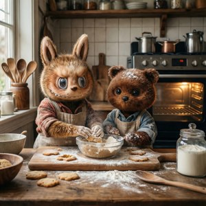 Bubu y Dudu hornean deliciosas galletas en una cocina cálida.