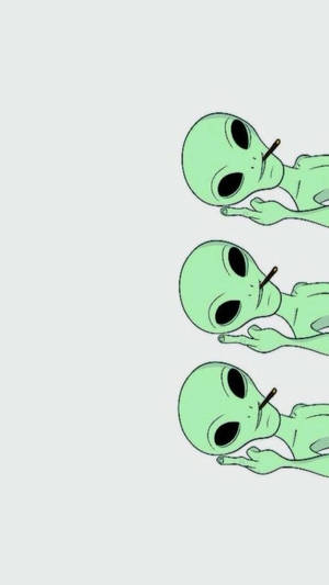 Three green cartoon aliens smoking cigarettes in a vertical line.