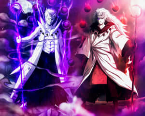 Two anime characters battle with glowing weapons amidst swirling cosmic energy and floating orbs. — Cute Aesthetic Anime Desktop Background
