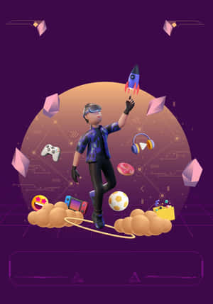 Gamer em headset VR equilibrando-se em nuvens com itens de jogos flutuantes. — Telefone legal Papéis de Parede