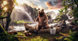 En björn som fiskar i en bergsbäck med en lax som hoppar i närheten. — Cool Bear Bilder