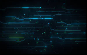 Abstract digitaal circuit met gloeiende blauwe en groene lijnen op een donkere achtergrond.