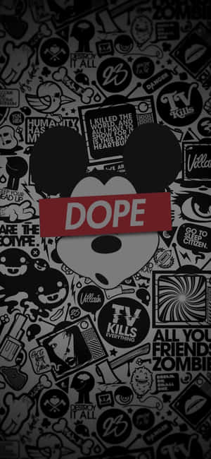 Sticker collage with Mickey Mouse silhouette and red DOPE banner. — Cool Design iPhone Picture