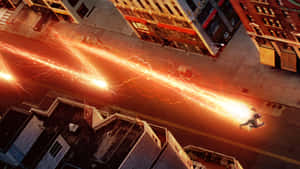 Superhero flying through city streets with fiery lightning trails.