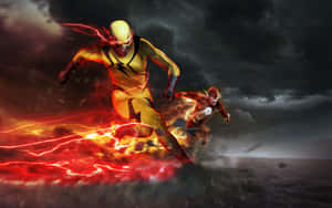Zwei Superhelden rennen schnell durch einen Sturm und hinterlassen feurige Spuren — Cooler Blitz Hintergrund Wallpaper