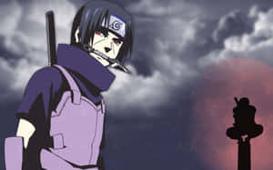 Anime ninja with kunai in mouth under red moon and stormy sky.