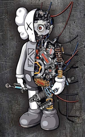 KAWS character with exposed mechanical internals and racing parts.