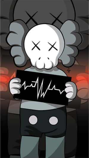 Cartoon skull holding a sign with a heartbeat line in a dark smoky scene. — Cute Kawaii Aesthetic Background