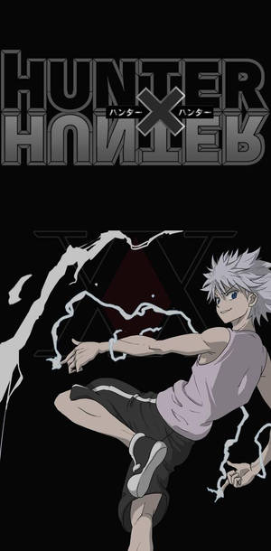 Anime character with white hair kicks with electric energy trails against black background. — Cool Killua Background