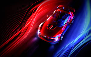 Red sports car speeding through neon light trails. — Cool Led Picture
