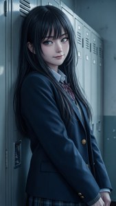 Anime skolejente i uniform lener seg mot skap i gang