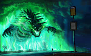 A person stares at a giant glowing green monster in a dark urban setting.