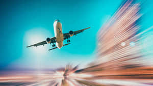 An airplane ascending rapidly through a clear blue sky with motion blur effects.