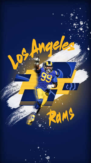 Los Angeles Rams football player in blue and gold uniform mid-air against a blue background with brushstroke graphics. — Cool Rams Picture