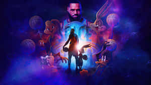 Silhouetted basketball player surrounded by Looney Tunes characters in a cosmic space scene.