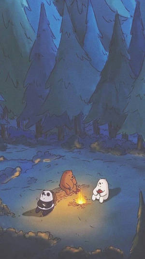 Three cartoon bears gathered around a campfire in a forest at night. — Cool Vibes Background