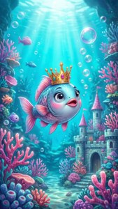 Cartoon-gekrönter Fisch schwimmt durch ein Korallenriffschloss unter Wasser